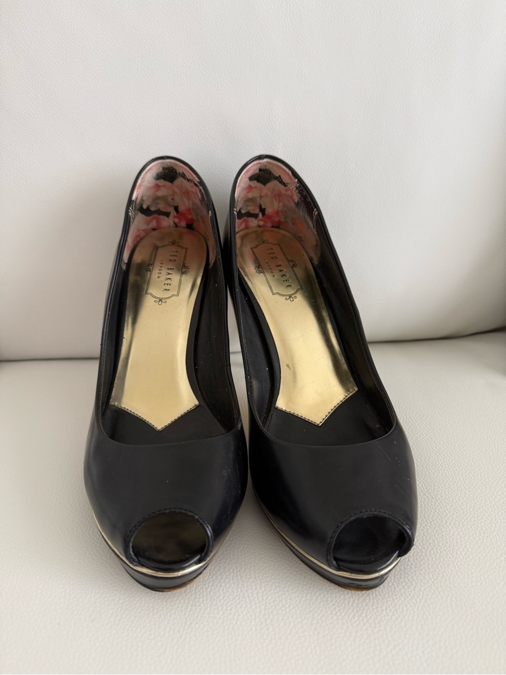 Ted Baker Black Peep-Toe Platform Pumps with Gold Insole